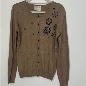 Debbie Morgan Tan Cardigan with Brown Flower Accents Women’s Medium
